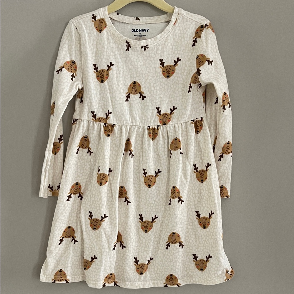 Old Navy Cream Dress with Reindeer Pattern